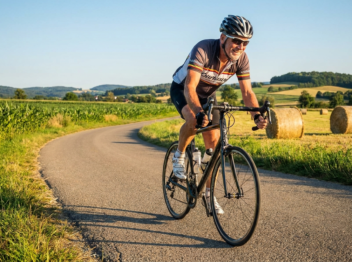Homme senior actif à vélo, mobilité des articulations